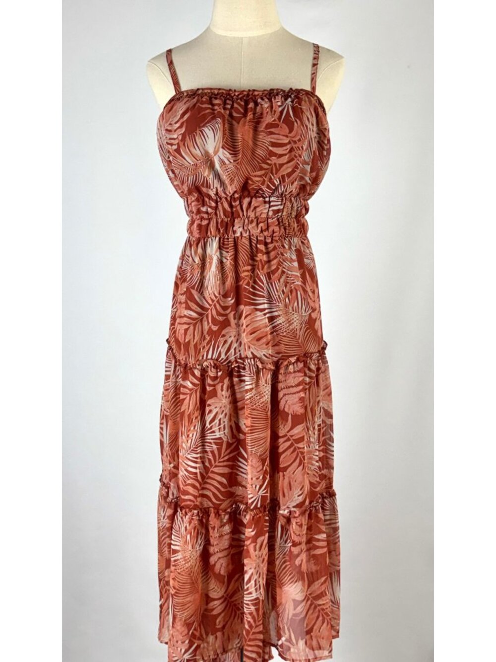 Tropical Coral Red Tiered Maxi Dress 3X Elastic Waist Hi Low Palm Monstera Beach